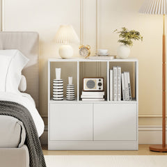 3-Cube Bookcase with Doors 3-Tier Cubic Bookshelf with Open Compartments and Cabinet-White
