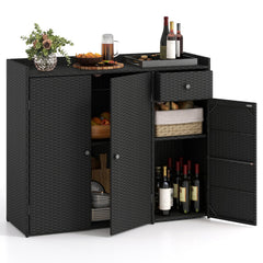 3 Doors Outdoor PE Wicker Storage Cabinet for Deck-Black