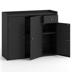 3 Doors Outdoor PE Wicker Storage Cabinet for Deck-Black