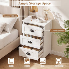 3-Drawer Storage Nightstand with Fluted Fronts and Cup Handles, White