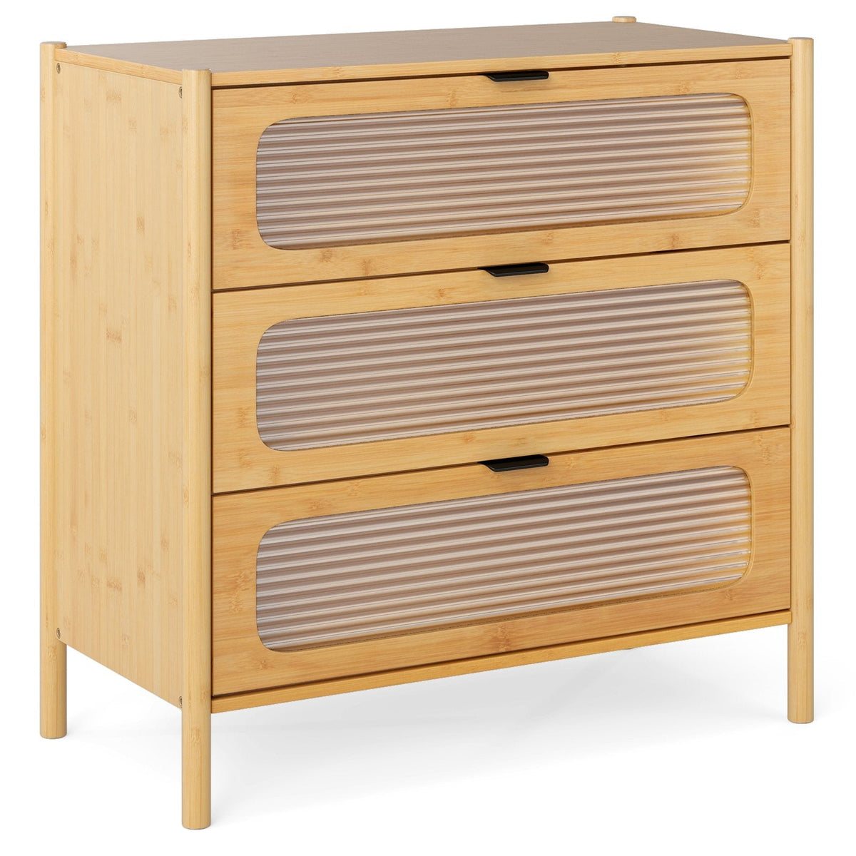 3 Drawer Mid Century Modern Chest of Drawers with Reeded Tempered Glass Front-Natural