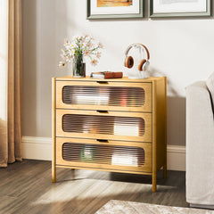 3 Drawer Mid Century Modern Chest of Drawers with Reeded Tempered Glass Front-Natural