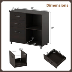 3-Drawer Mobile Lateral File Cabinet Printer Stand-Espresso