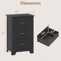 3 Drawer Storage Nightstand with Fluted Fronts and Cup Handles, Black