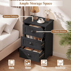 3 Drawer Storage Nightstand with Fluted Fronts and Cup Handles, Black
