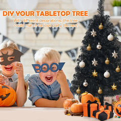 3 FT Black Artificial Tabletop Tree with 116 Branch Tips and Plastic Stand for Halloween and Christmas