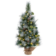3 FT Pre-Lit Flocked Mini Christmas Tree with 98 Tips, Berries, Pine Cones and Burlap Base