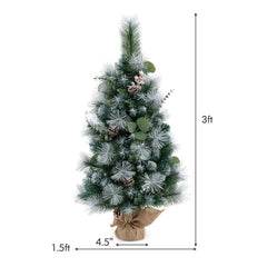 3 FT Pre-Lit Flocked Mini Christmas Tree with 98 Tips, Berries, Pine Cones and Burlap Base