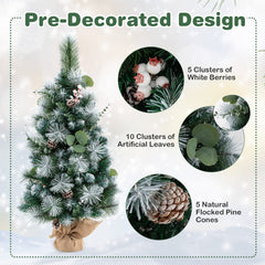 3 FT Pre-Lit Flocked Mini Christmas Tree with 98 Tips, Berries, Pine Cones and Burlap Base