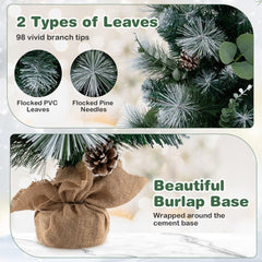 3 FT Pre-Lit Flocked Mini Christmas Tree with 98 Tips, Berries, Pine Cones and Burlap Base