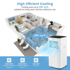 3-in-1 9000 BTU Portable Air Conditioner with Dehumidifier and 24H Timer, White, 280 sq ft