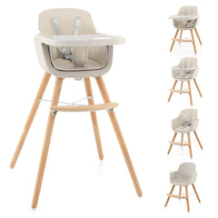 3-in-1 Convertible Wooden High Chair with Cushion-Beige