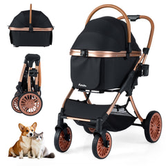 3-in-1 Foldable Pet Stroller with, Sun Shade and Safety Belt for up to 55 lbs Small Medium Dogs Cats-Black