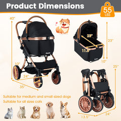 3-in-1 Foldable Pet Stroller with, Sun Shade and Safety Belt for up to 55 lbs Small Medium Dogs Cats-Black
