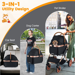 3-in-1 Foldable Pet Stroller with, Sun Shade and Safety Belt for up to 55 lbs Small Medium Dogs Cats-Black