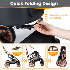 3-in-1 Foldable Pet Stroller with, Sun Shade and Safety Belt for up to 55 lbs Small Medium Dogs Cats-Black