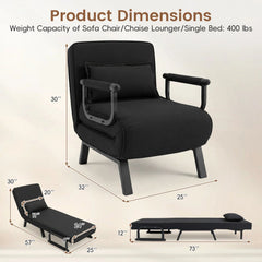 3 in 1 Folding Sofa Bed Chair, Opens to a 73 in Single Bed, 6 Backrest Angles, Hidden Legs, Black