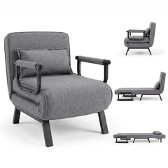 3 in 1 Folding Sofa Bed Chair in Grey, Converts to a Chaise Lounger and a Single Bed, Metal Frame