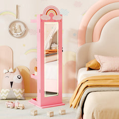 3 In 1 Kids Jewelry Cabinet Freestanding Jewelry Armoire with 3-Color Lighted Mirror-Pink
