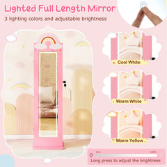 3 In 1 Kids Jewelry Cabinet Freestanding Jewelry Armoire with 3-Color Lighted Mirror-Pink