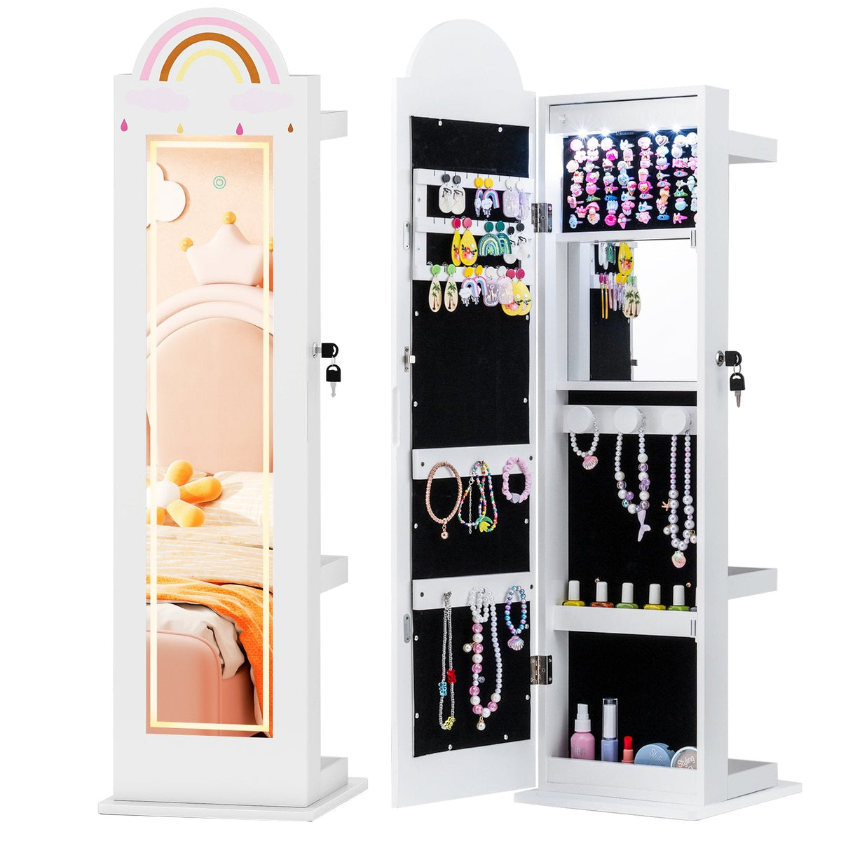3 In 1 Kids Jewelry Cabinet Freestanding Jewelry Armoire with 3-Color Lighted Mirror-White