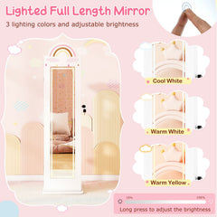 3 In 1 Kids Jewelry Cabinet Freestanding Jewelry Armoire with 3-Color Lighted Mirror-White
