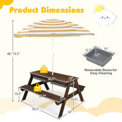 3-in-1 Kids Outdoor Picnic Water Sand Table with Removable Umbrella and Boxes-Coffee