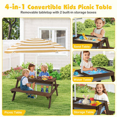 3-in-1 Kids Outdoor Picnic Water Sand Table with Removable Umbrella and Boxes-Coffee