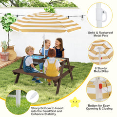 3-in-1 Kids Outdoor Picnic Water Sand Table with Removable Umbrella and Boxes-Coffee