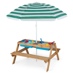 3-in-1 Kids Outdoor Picnic Water Sand Table with Removable Umbrella and Boxes-Green