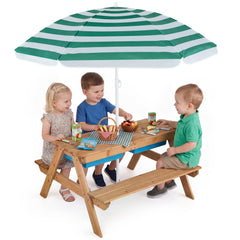 3-in-1 Kids Outdoor Picnic Water Sand Table with Removable Umbrella and Boxes-Green