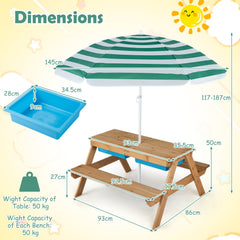 3-in-1 Kids Outdoor Picnic Water Sand Table with Removable Umbrella and Boxes-Green