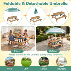 3-in-1 Kids Outdoor Picnic Water Sand Table with Removable Umbrella and Boxes-Green