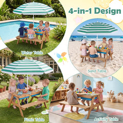 3-in-1 Kids Outdoor Picnic Water Sand Table with Removable Umbrella and Boxes-Green