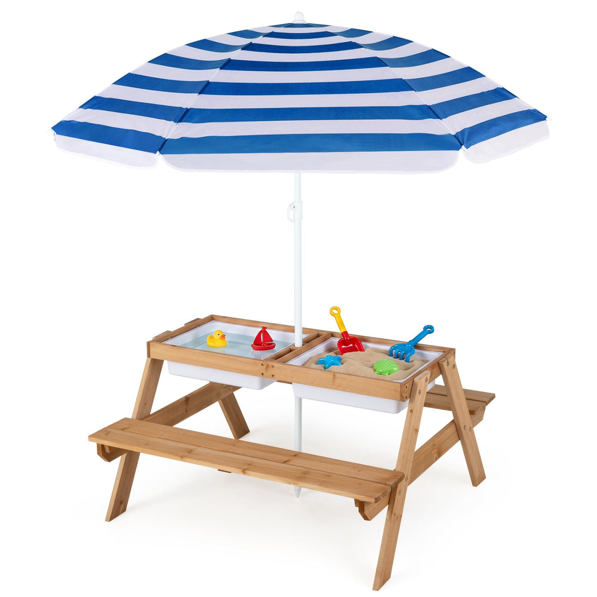 3-in-1 Kids Outdoor Picnic Water Sand Table with Removable Umbrella and Boxes-Navy