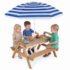 3-in-1 Kids Outdoor Picnic Water Sand Table with Removable Umbrella and Boxes-Navy