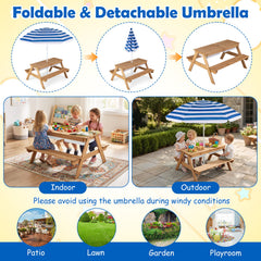 3-in-1 Kids Outdoor Picnic Water Sand Table with Removable Umbrella and Boxes-Navy