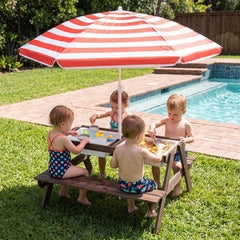 3-in-1 Kids Outdoor Picnic Water Sand Table with Removable Umbrella and Boxes-Red