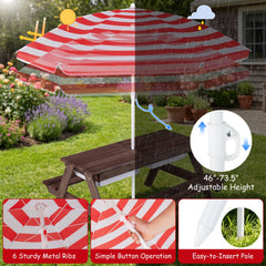 3-in-1 Kids Outdoor Picnic Water Sand Table with Removable Umbrella and Boxes-Red