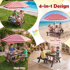 3-in-1 Kids Outdoor Picnic Water Sand Table with Removable Umbrella and Boxes-Red