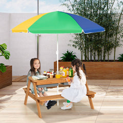 3 in 1 Kids Outdoor Picnic Table with Water and Sand Play Boxes and Umbrella, Multicolour