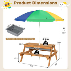3 in 1 Kids Outdoor Picnic Table with Water and Sand Play Boxes and Umbrella, Multicolour