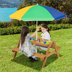 3 in 1 Kids Outdoor Picnic Table with Water and Sand Play Boxes and Umbrella, Multicolour