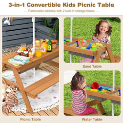 3 in 1 Kids Outdoor Picnic Table with Water and Sand Play Boxes and Umbrella, Multicolour