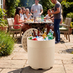 3-in-1 Outdoor Cooler Side Table with Fluted Design for Deck-Beige