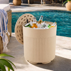 3-in-1 Outdoor Cooler Side Table with Fluted Design for Deck-Beige