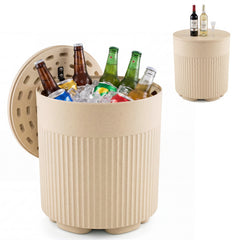 3-in-1 Outdoor Cooler Side Table with Fluted Design for Deck-Beige