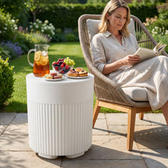 3-in-1 Outdoor Cooler Side Table with Fluted Design for Deck-White