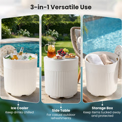 3-in-1 Outdoor Cooler Side Table with Fluted Design for Deck-White