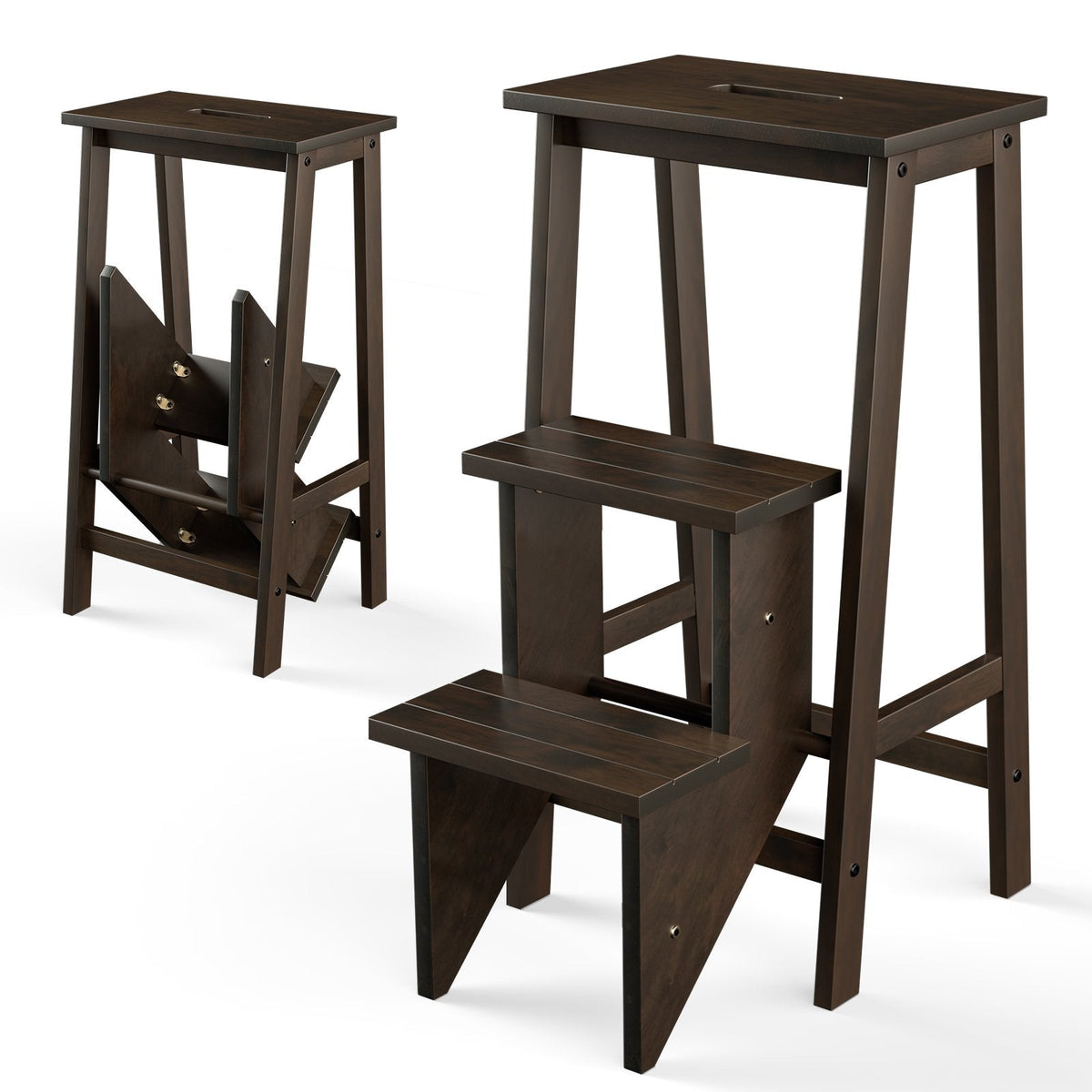 3-in-1 Rubber Wood 3 Tier Folding Step Stool Ladder Storage Shelf-Dark Brown